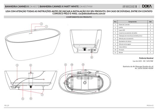Banheira Air Massage Cannes X Freestanding em Acrílico
