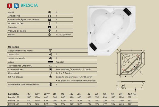 Banheira de Canto Brescia em Acrílico