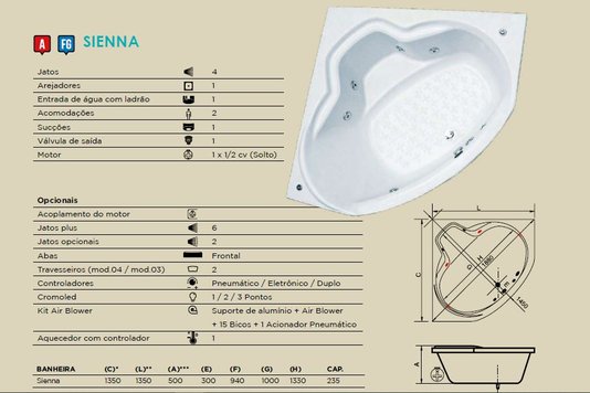 Banheira de Canto Sienna em Gel Coat