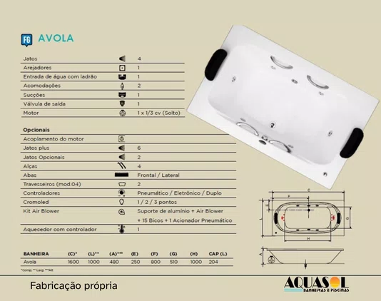 Banheira de Hidromassagem Retangular Avola em Gel Coat - Aquasol *
