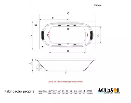 Banheira de Hidromassagem Retangular Avola em Gel Coat - Aquasol *
