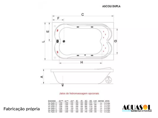 Banheira de Hidromassagem Retangular Dupla Ascoli em Gel Coat - Aquasol