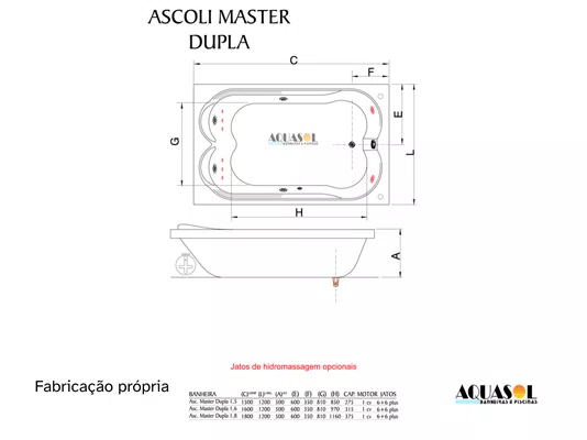 Banheira de Hidromassagem Retangular Dupla Ascoli Master em Gel Coat *