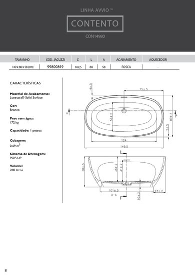 Banheira Oval de Imersão Contento Freestanding em Luxecast Solid Surface