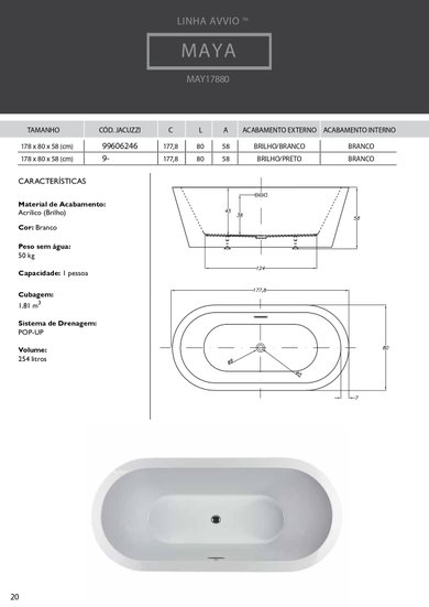 Banheira Oval de Imersão Maya Freestanding em Acrilico