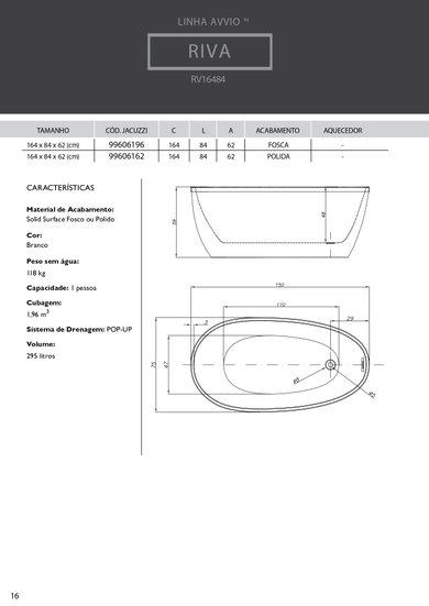Banheira Oval de Imersão Riva Freestanding em Solid Surface Fosco ou Polido