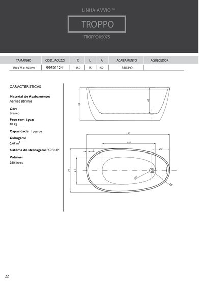 Banheira Oval de Imersão Troppo Freestanding em Acrílico