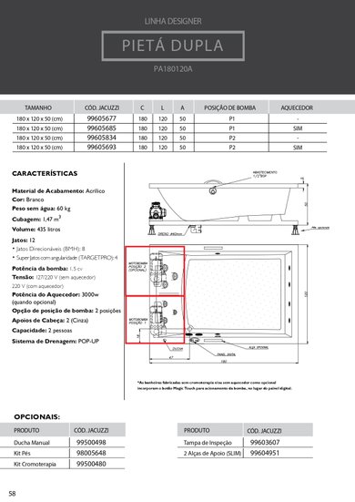 Banheira Retangular Pietá Dupla Designer em Acrílico