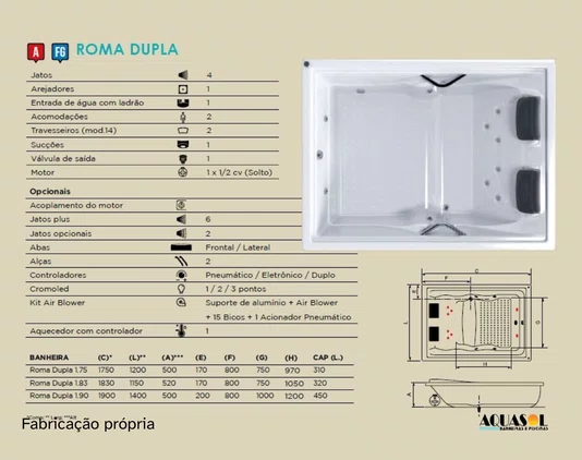 Banheira Dupla de Hidromassagem Completa Roma em Gel Coat