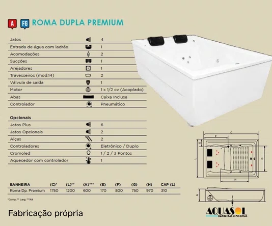 Banheira Dupla de Hidromassagem Premium Roma em Acrílico *