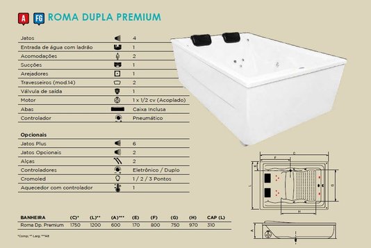 Banheira Dupla Premium Roma em Gel Coat
