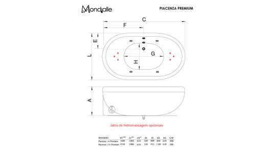 Banheira Oval Piacenza Premium em Acrílico