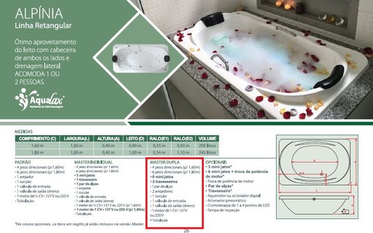 Banheira Retangular Alpínia Master Dupla em Gel Coat*