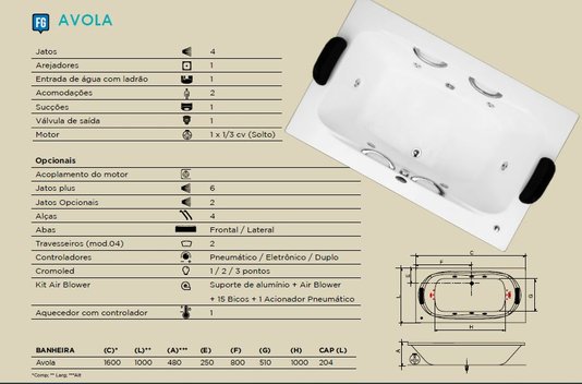 Banheira Retangular Avola em Gel Coat