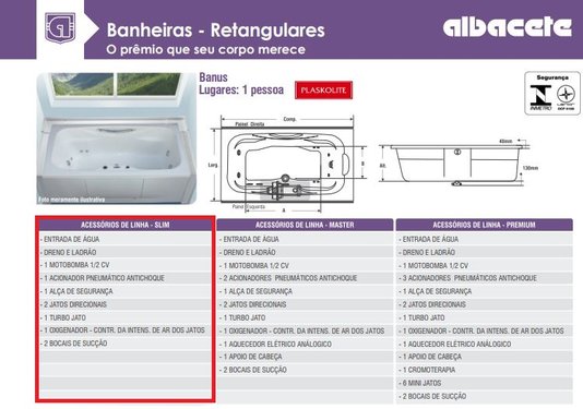 Banheira Retangular Banus Slim em Gel Coat