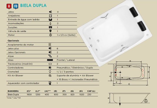 Banheira Retangular Biela Dupla em Gel Coat