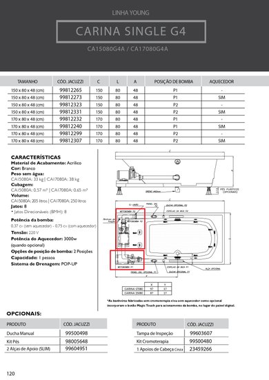 Banheira Retangular Carina Single G4 Young em Acrílico