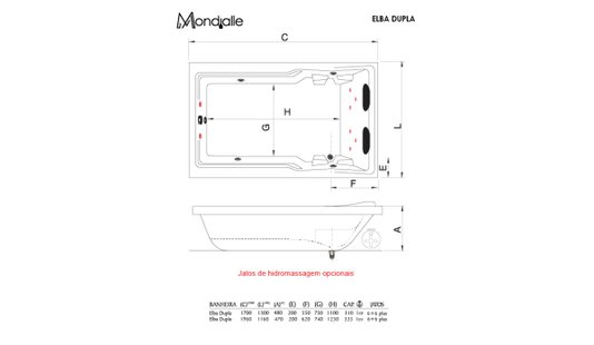Banheira Retangular Elba Dupla em Gel Coat
