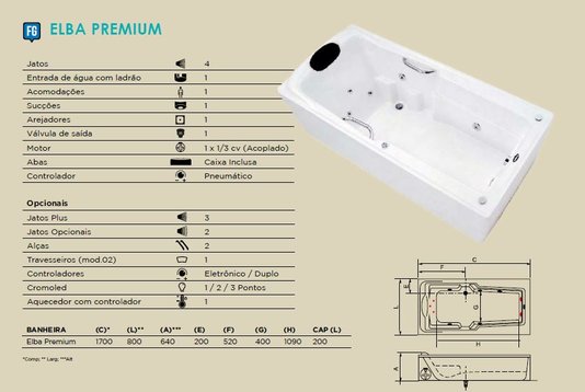 Banheira Retangular Elba Premium em Gel Coat