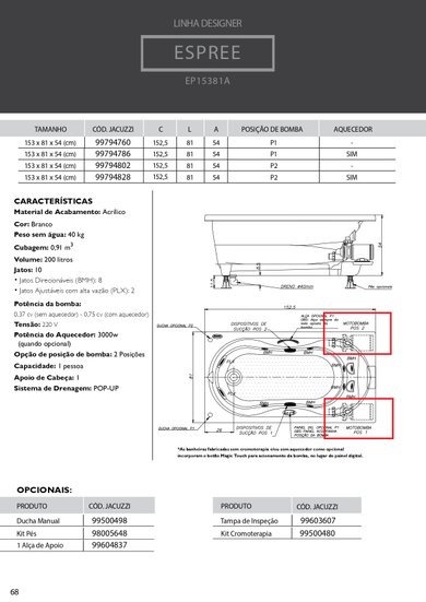 Banheira Retangular Espree EP15381A Designer em Acrílico