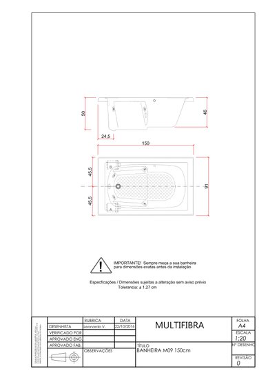 Banheira Retangular M9 em Gel Coat Padrão