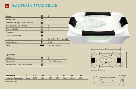 Banheira Retangular Macerata em Acrílico