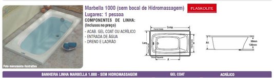 Banheira Imersão Retangular Marbella 1000 em Gel Coat