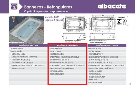 Banheira Retangular Marbella 2000 Master em Gel Coat