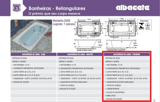 Banheira Retangular Marbella 2000 Premium em Gel Coat