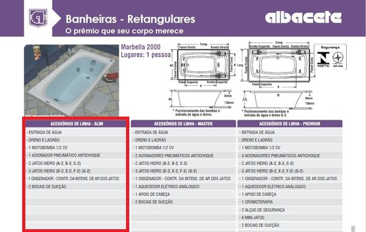 Banheira Retangular Marbella 2000 Slim em Gel Coat