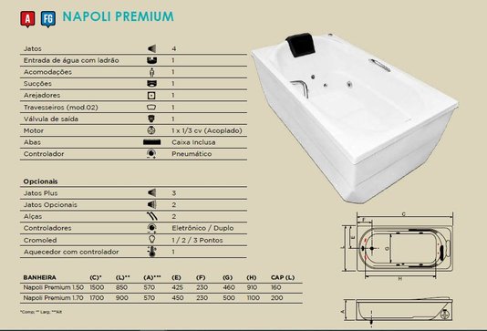 Banheira Retangular Napoli Premium em Gel Coat