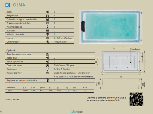 Banheira Retangular Olbia Borda Infinita em Gel Coat