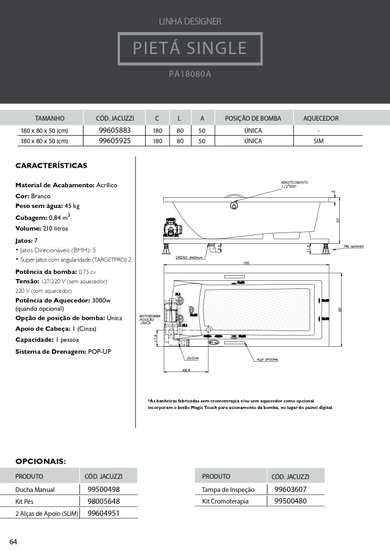 Banheira Retangular Pietá Single Designer em Acrílico