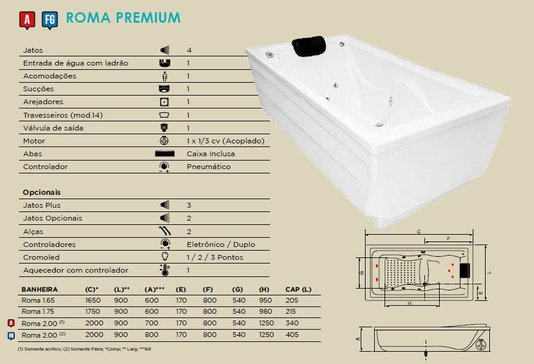 Banheira Retangular Premium Roma em Gel Coat