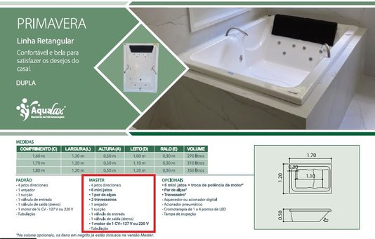 Banheira Retangular Primavera Dupla Master em Gel Coat