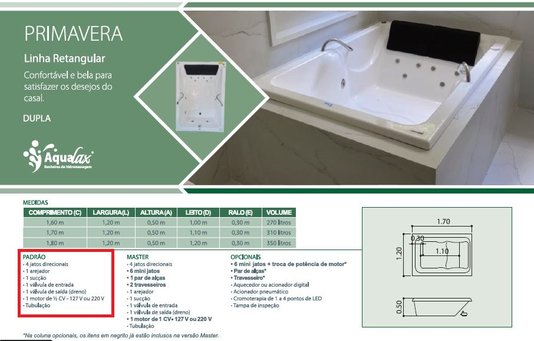 Banheira Retangular Primavera Dupla Padrão em Gel Coat