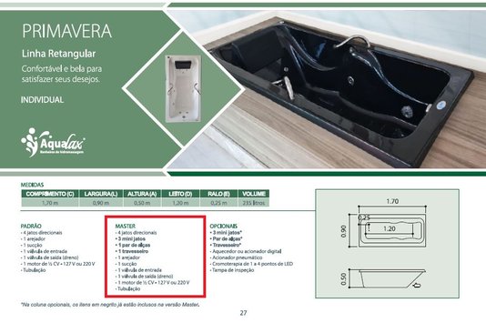 Banheira Retangular Primavera Master em Gel Coat*