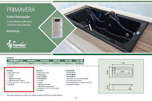 Banheira Retangular Primavera Padrão em Gel Coat*