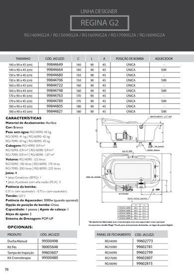 Banheira Retangular Regina G2 Designer em Acrílico