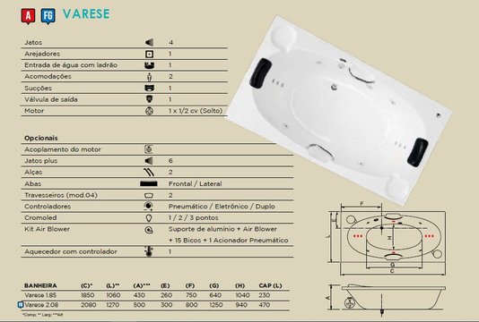 Banheira Retangular Varese em Gel Coat