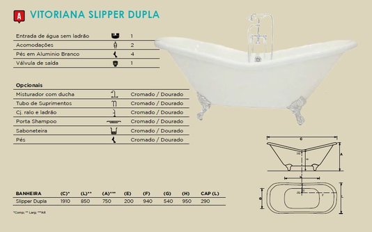 Banheira Vitoriana Slipper Dupla em Acrílico