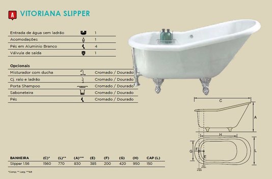 Banheira Vitoriana Slipper em Acrílico