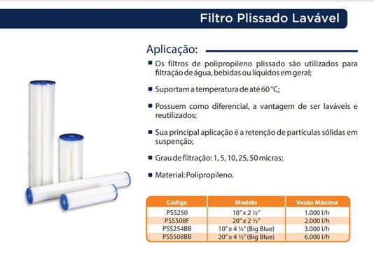 Kit Filtro Plissado Lavável 10'' x 2 1/2'' + Carcaça Azul de Polipropileno Vazão até 1.000 l/h Para SPAS Mondialle