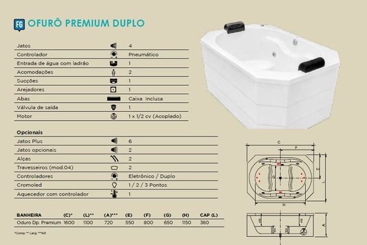 Ofurô Premium Duplo em Gel Coat