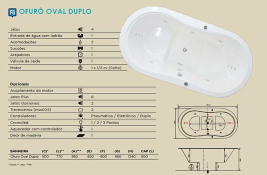 Ofurô Oval Duplo em Gel Coat