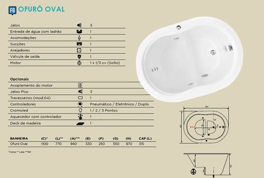 Ofurô Oval Individual em Gel Coat