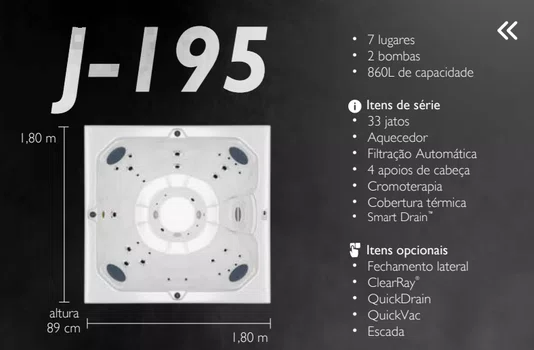 Spa Quadrado J195 Jacuzzi em Acrílico Com Cobertura Térmica