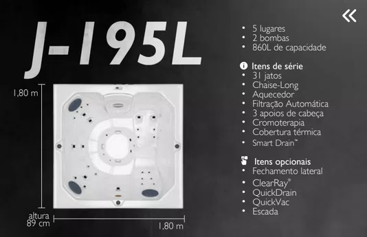 Spa Quadrado J195 L Jacuzzi em Acrílico com Fechamento e Cobertura Térmica