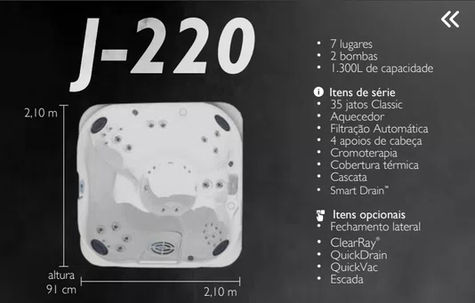 Spa Quadrado J220 Jacuzzi em Acrílico Com Cobertura Térmica
