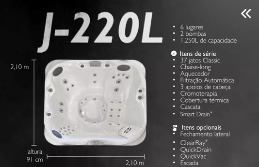 Spa Quadrado J220L 60HZ Jacuzzi em Acrílico Com Cobertura Térmica e Fechamento